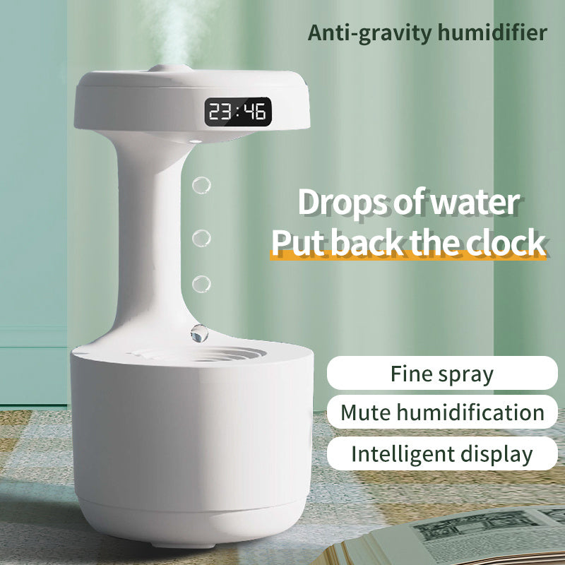 Anti-Gravity Water Drop Humidifier with Clock & Aroma Diffuser – Silent Bedroom Sprayer
