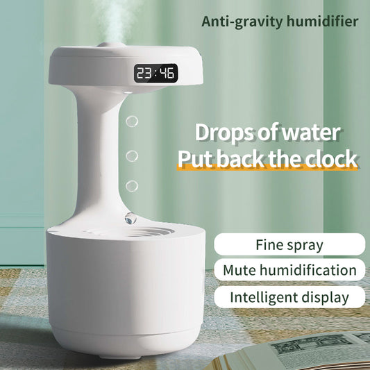 Anti-Gravity Water Drop Humidifier with Clock & Aroma Diffuser – Silent Bedroom Sprayer